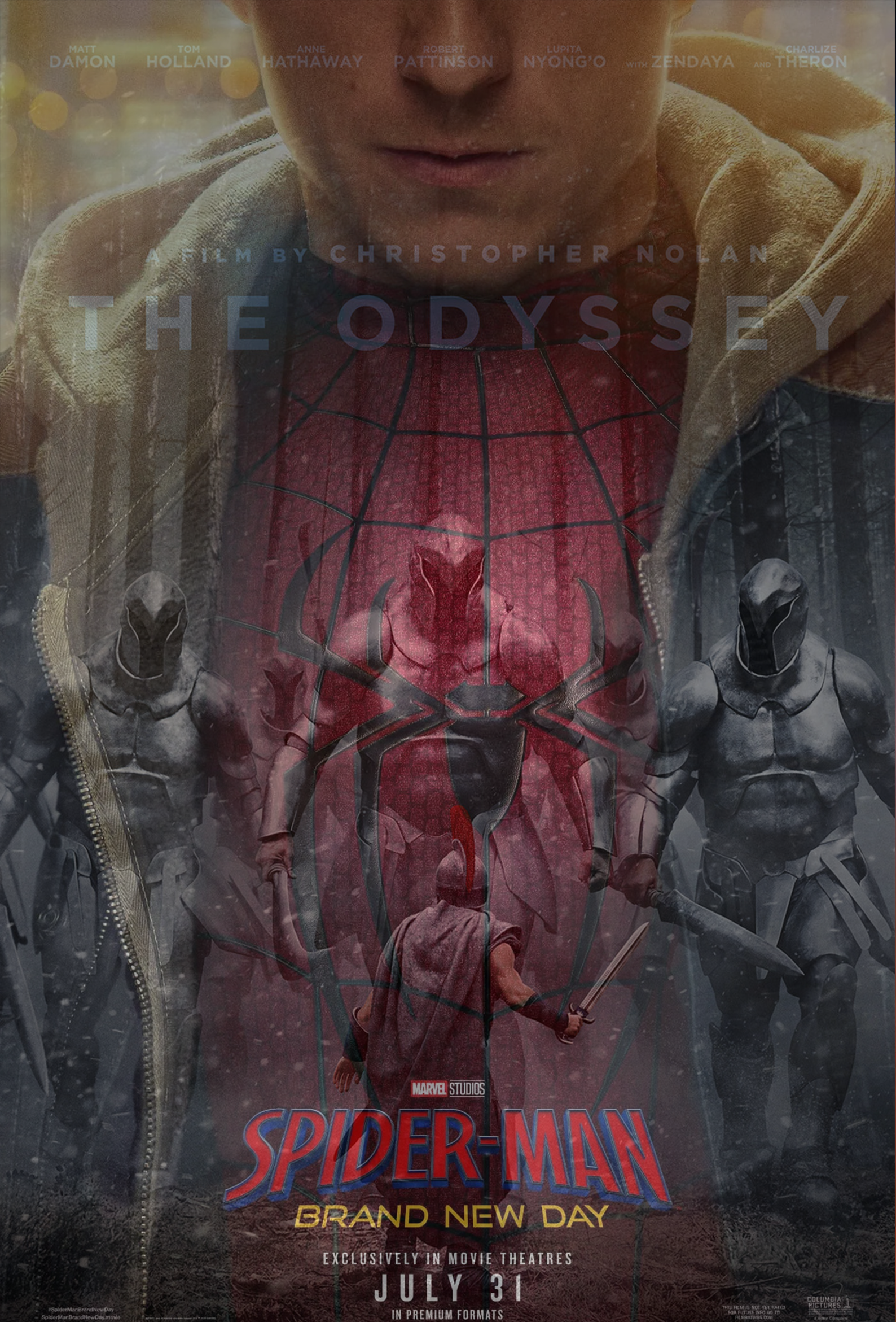 Movie posters for The Odyssey and Spider Man: Brand New Day overlayed one another