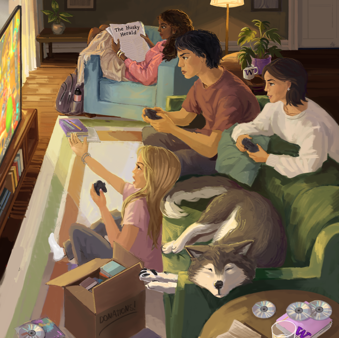 Students playing video games in dorm room